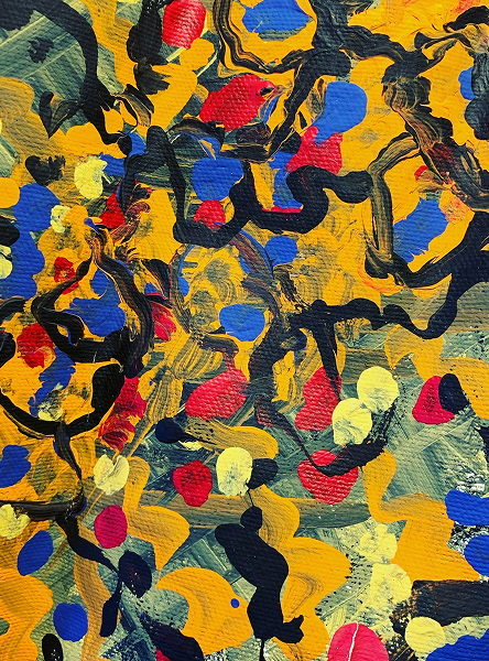 colorfull abstract painting with black lines barelt giving the oulinesof a happy bunny or puppy