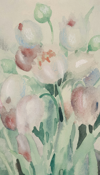 man cast i shadow paints on a canvas, with yellow and red flowery paintings on a tarp wall